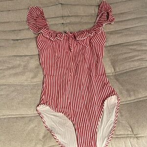 SOLID & STRIPED Red and White Striped Swimsuit